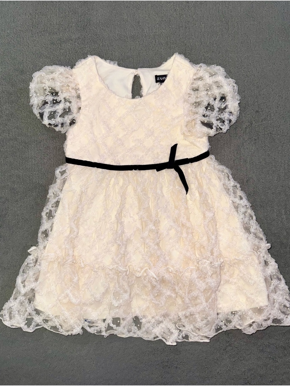 Zunie Girls Ivory Lace Ruffle Dress 24M Black Velvet Bow + Bloomers